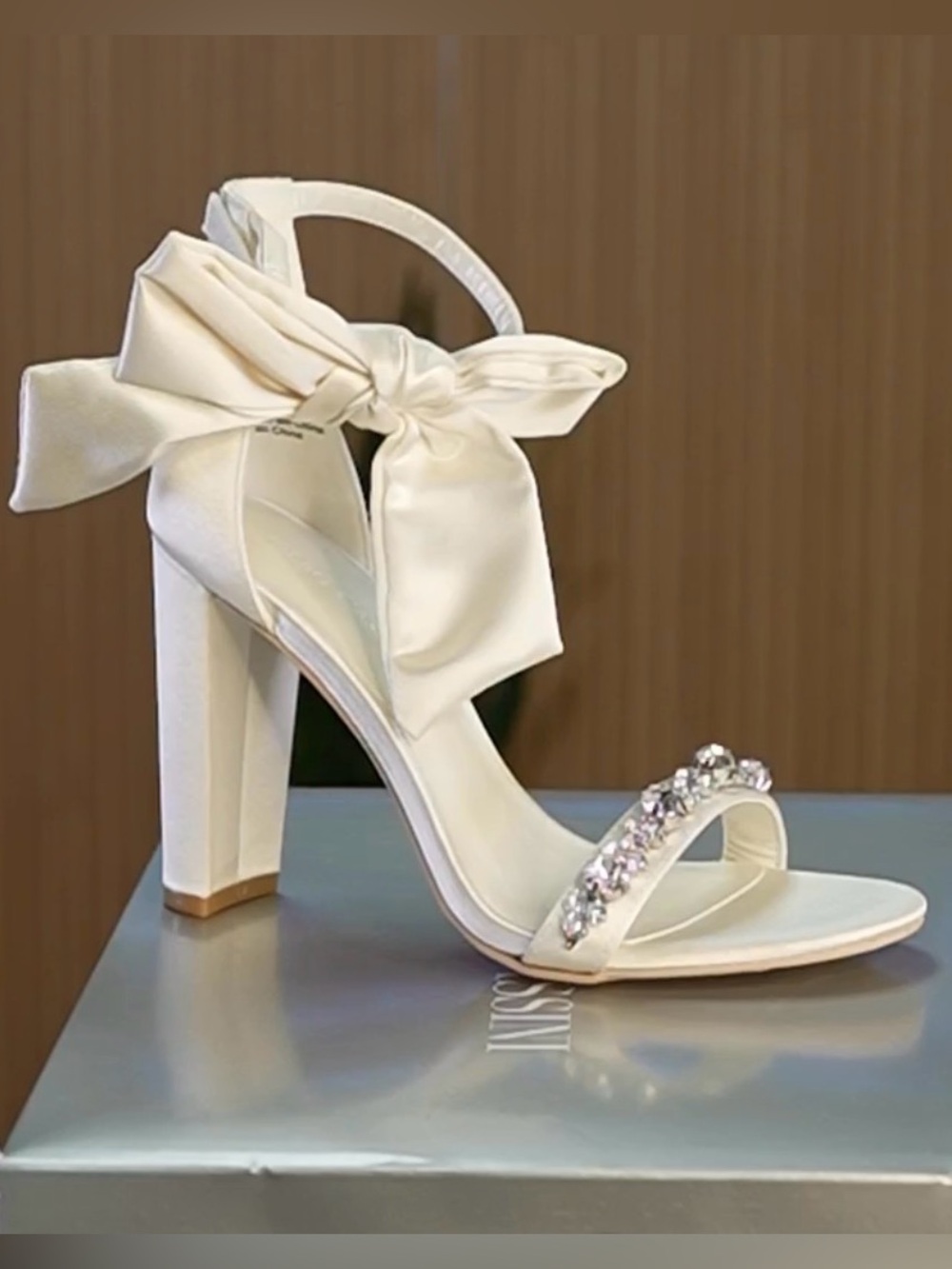 OLEG CASSINI Melania Ivory Satin Bow Ankle-Strap Block Heel Sz Various